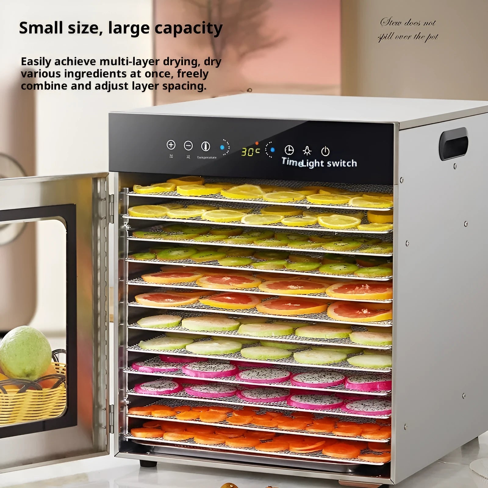 12-layer stainless steel food dehydrator with D-type touch screen panel and 19.5x28cm drying nets