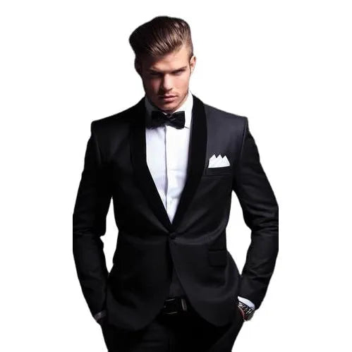 Black men's slim fit two-piece acetate blend suit on hanger, front view