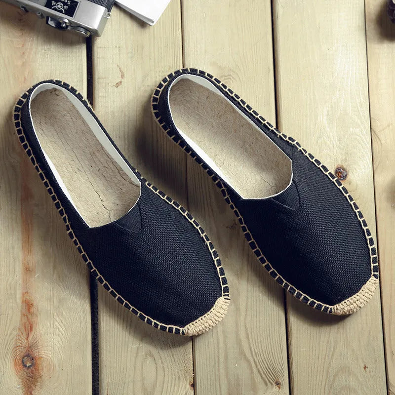 Men's round-toe casual canvas shoes in linen fabric, shown in black, dark brown, grey, and white colour options.
