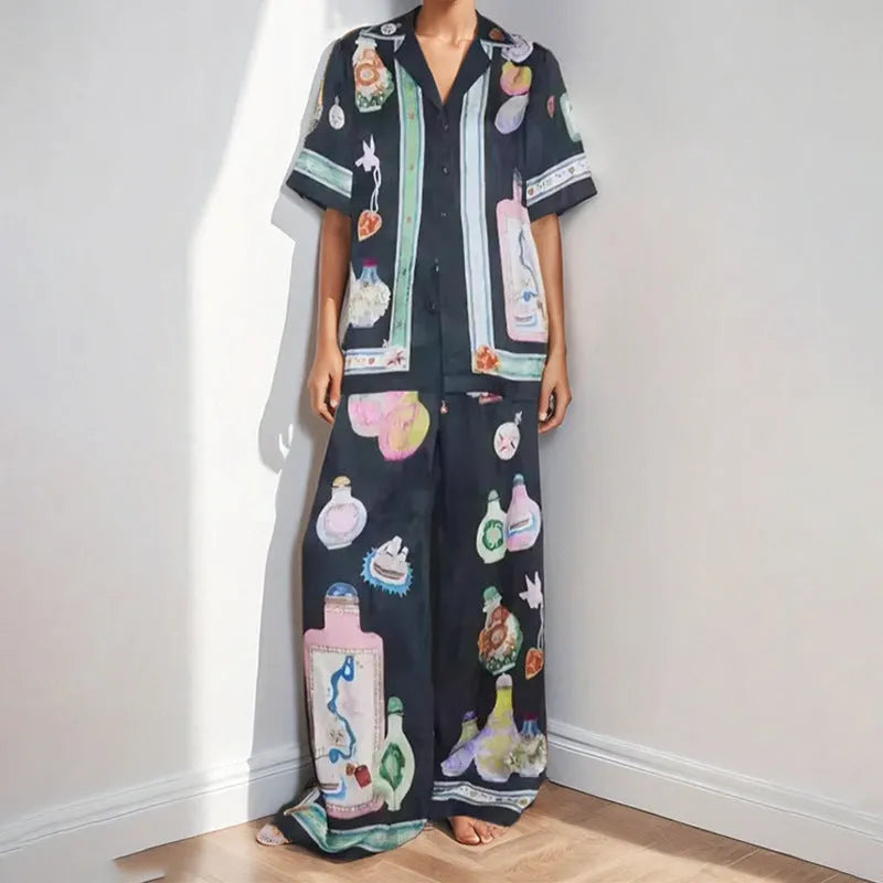 Black women's cardigan and trousers set with cartoon animation pattern