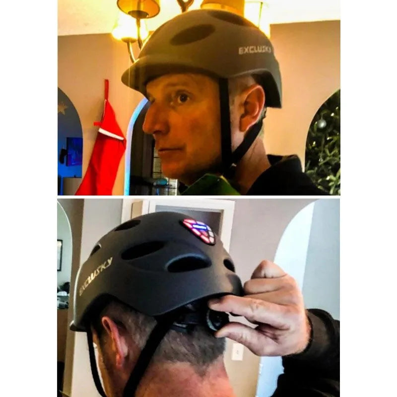 Electric LED cycling helmet with integrated tail light in black, size M 54-58cm