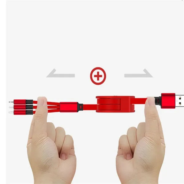 Telescopic 3-in-1 charging cable extended to show 120 cm length and titanium alloy connectors