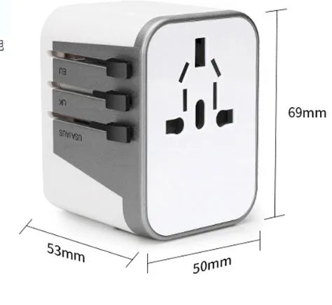 Universal travel adapter 8A 2000W in black, compact 54x68x51mm for over 180 countries