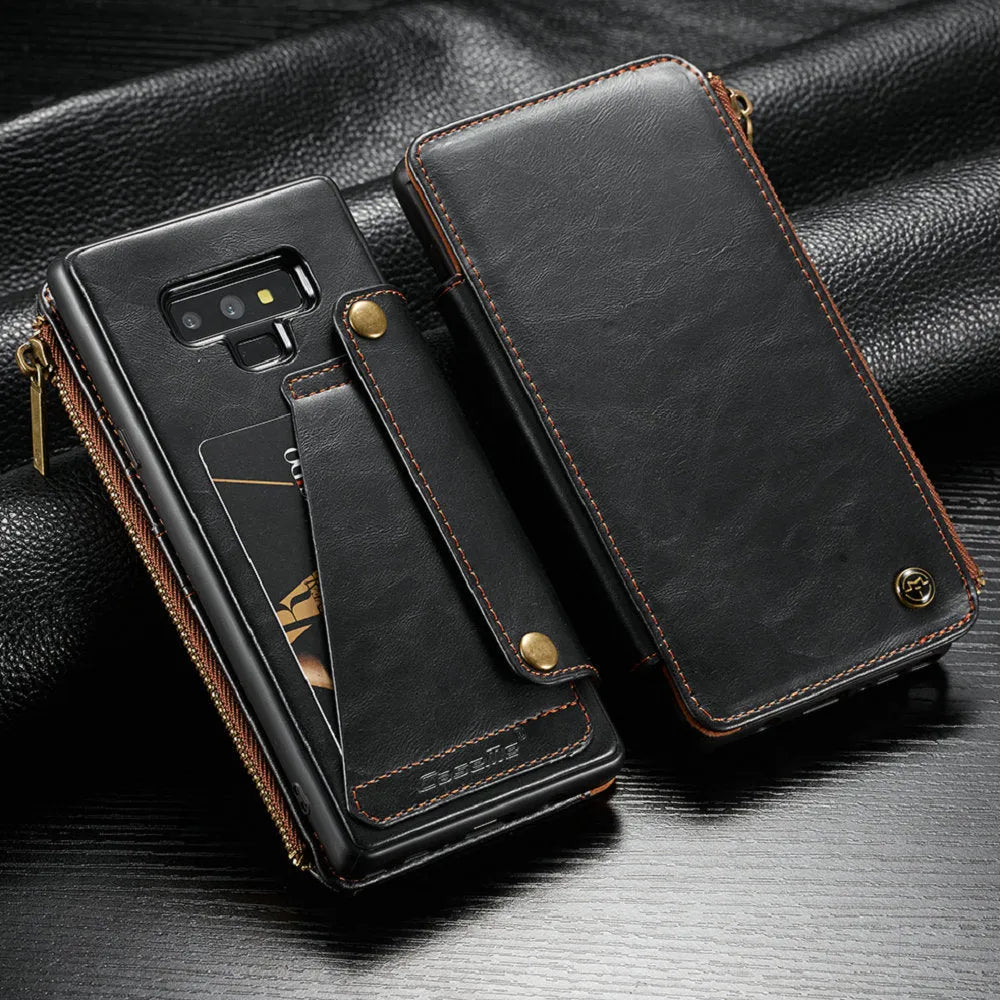 Black PU leather flip phone case for Samsung Galaxy Note 9 showing front and back.