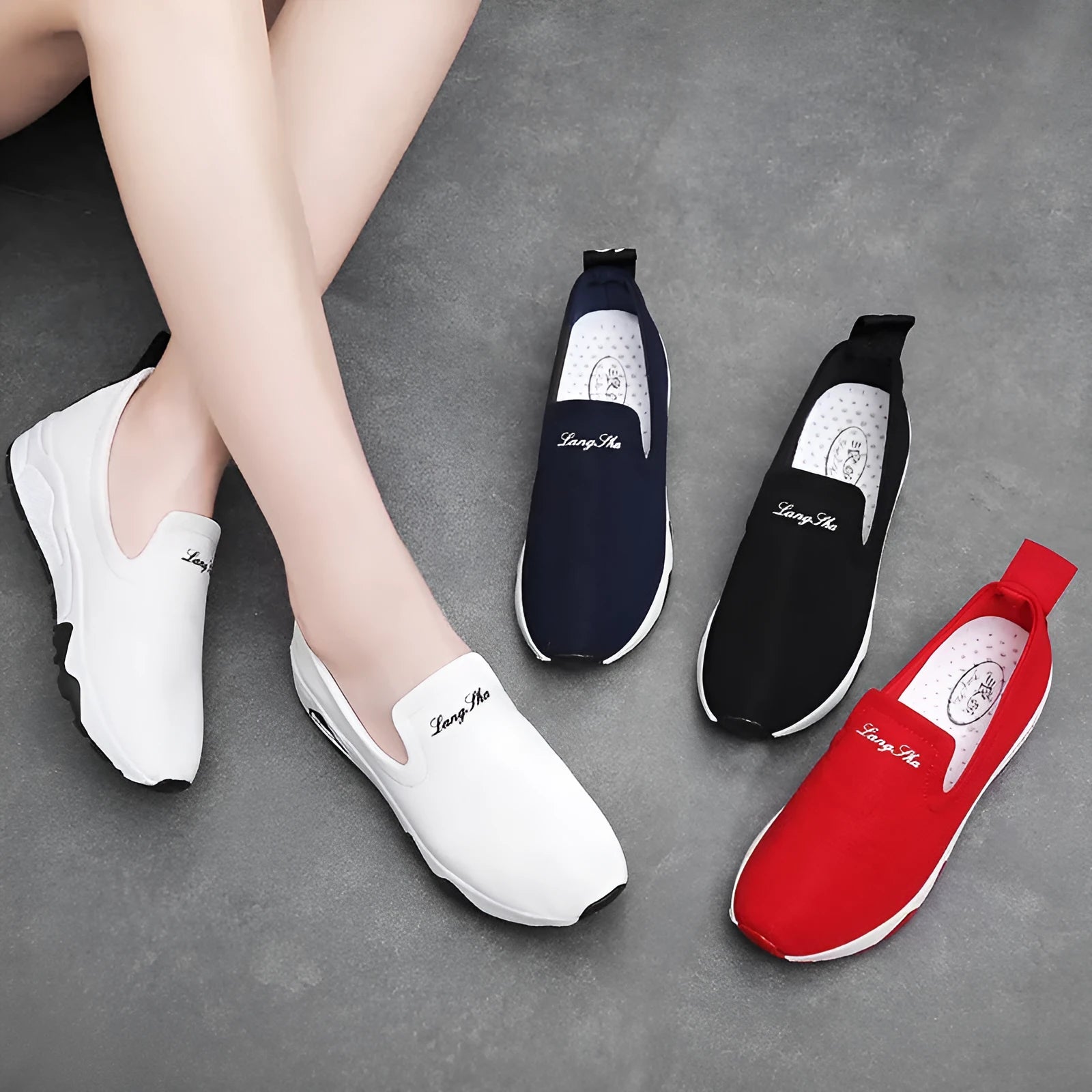 Women canvas shoes with leather toe cap and super high heel in white, blue, red, and black colour options
