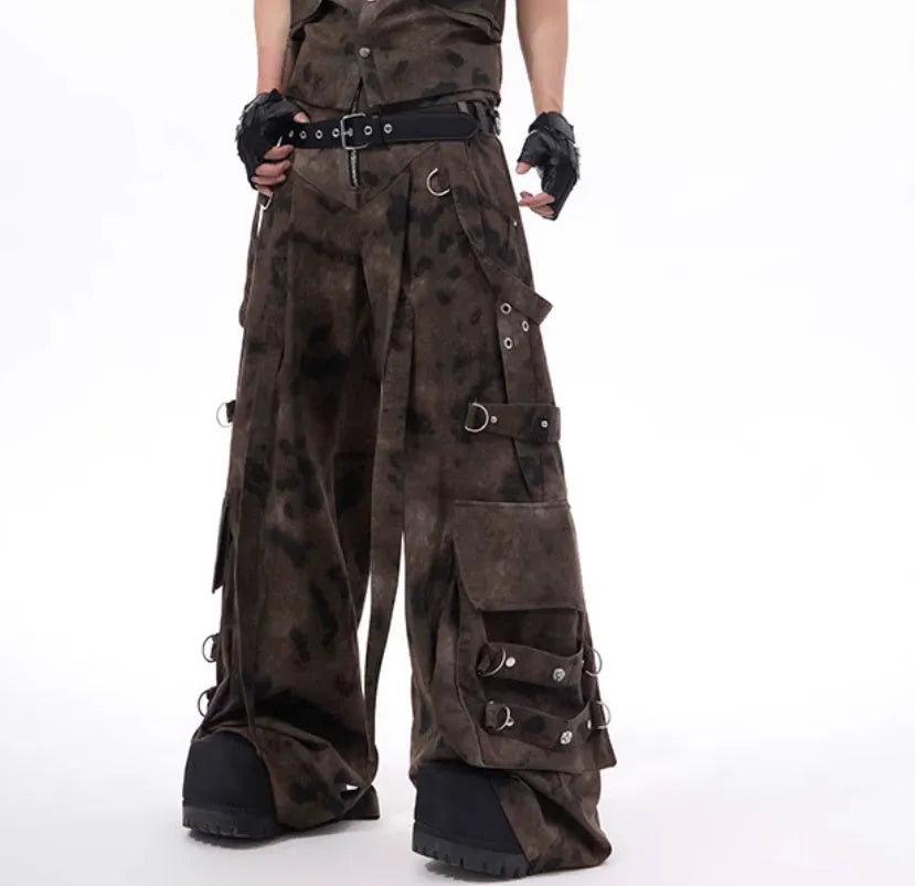 American retro camouflage pattern denim vest and trousers co-ordinated set