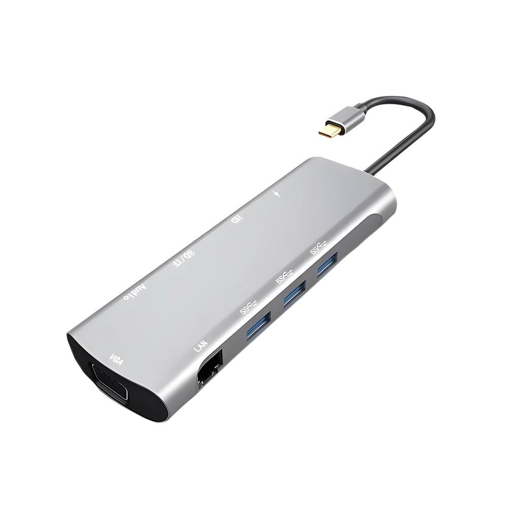 Grey aluminium alloy USB-C docking station with HDMI, VGA, USB ports, and a card reader.