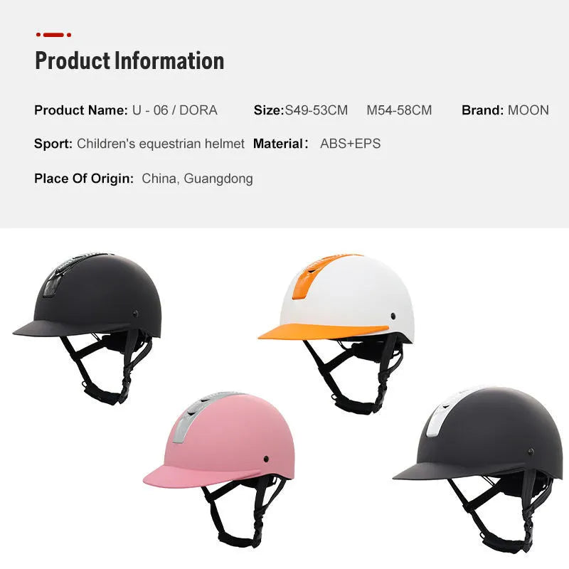 Super light equestrian helmet in bright black, silver pink, white orange, or silver black colour