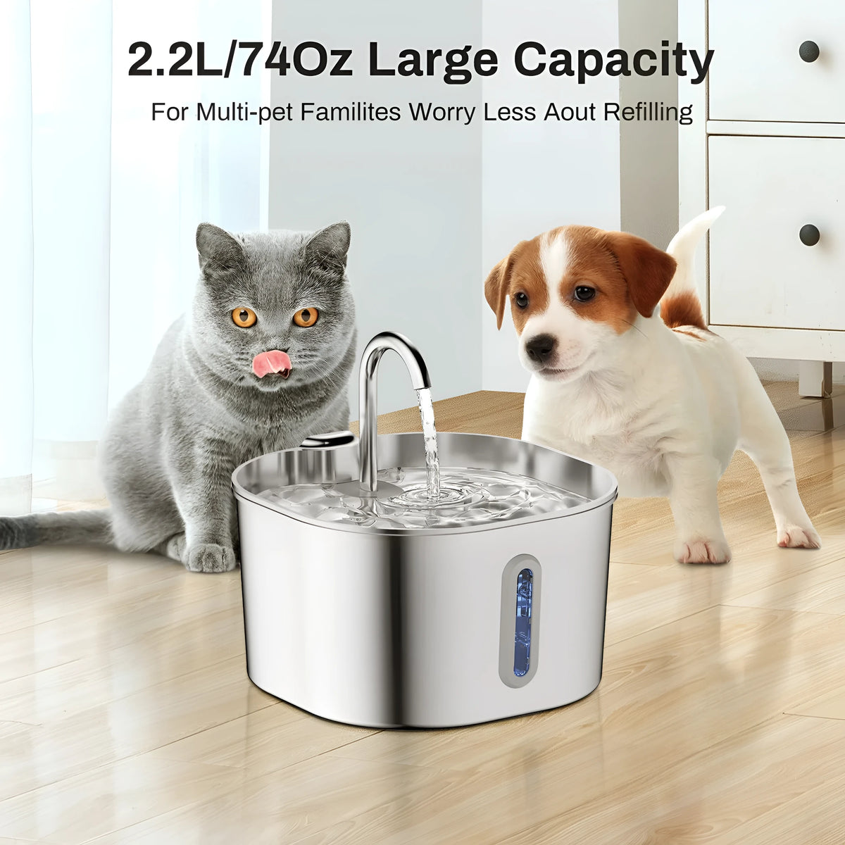 Stainless steel pet water dispenser 2.2L with faucet strip window and automatic circulation pump for dogs and cats.