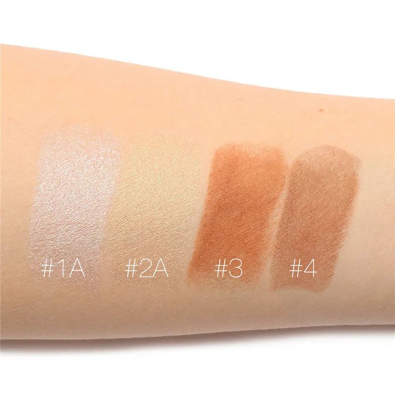 Face contour highlighter makeup product with attached brush applicator, shown in four colour shades.