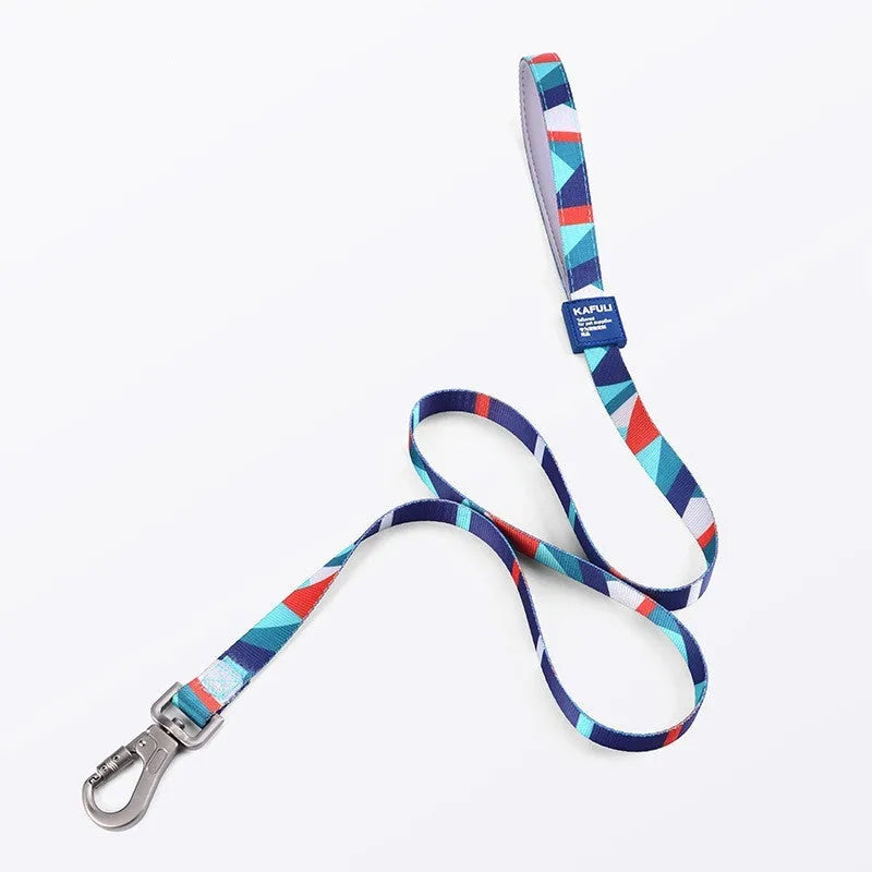 Blue adjustable dog chest harness with attached haulage rope on a white background.