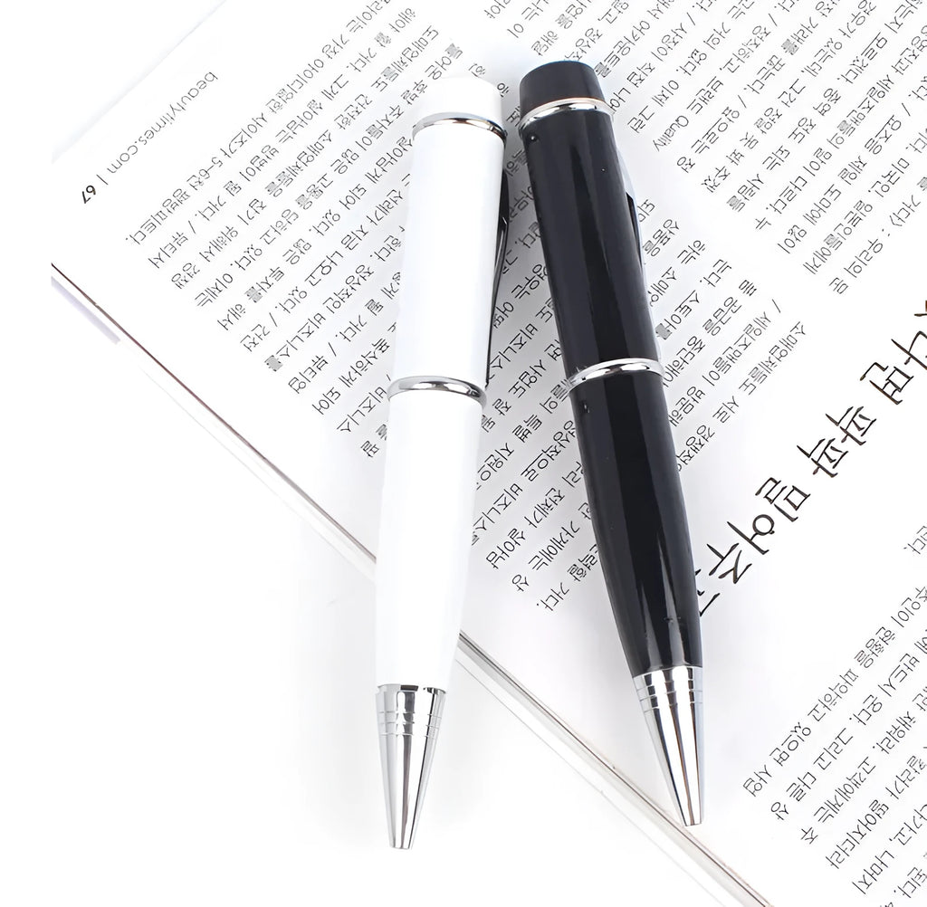 Multi-function metal USB flash drive pen with laser pointer, 16GB capacity, black, on white background