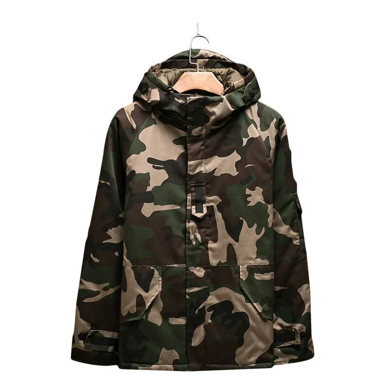 Men's winter camouflage cotton hooded jacket with zip front, available in multiple sizes
