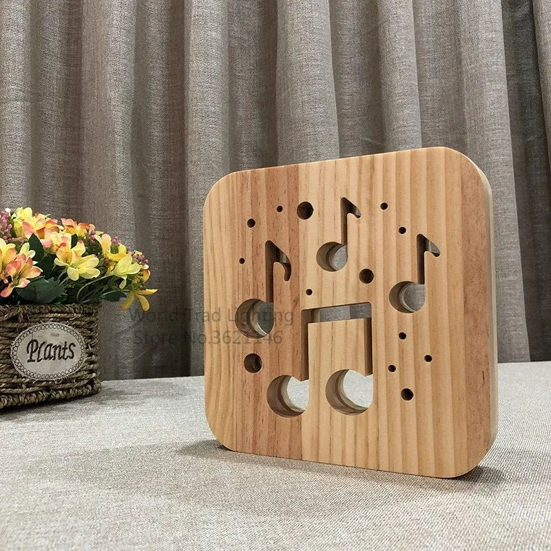 Square wooden pine LED atmosphere lamp with warm white light, shown with a USB cable.