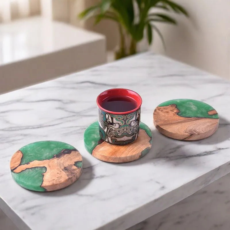 Nordic style wooden resin coaster in solid colour with tumour pattern.