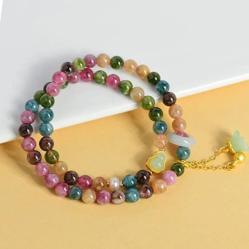 Women's natural chalcedony double ring bracelet with geometric 6-6.5mm beads in C118 colour