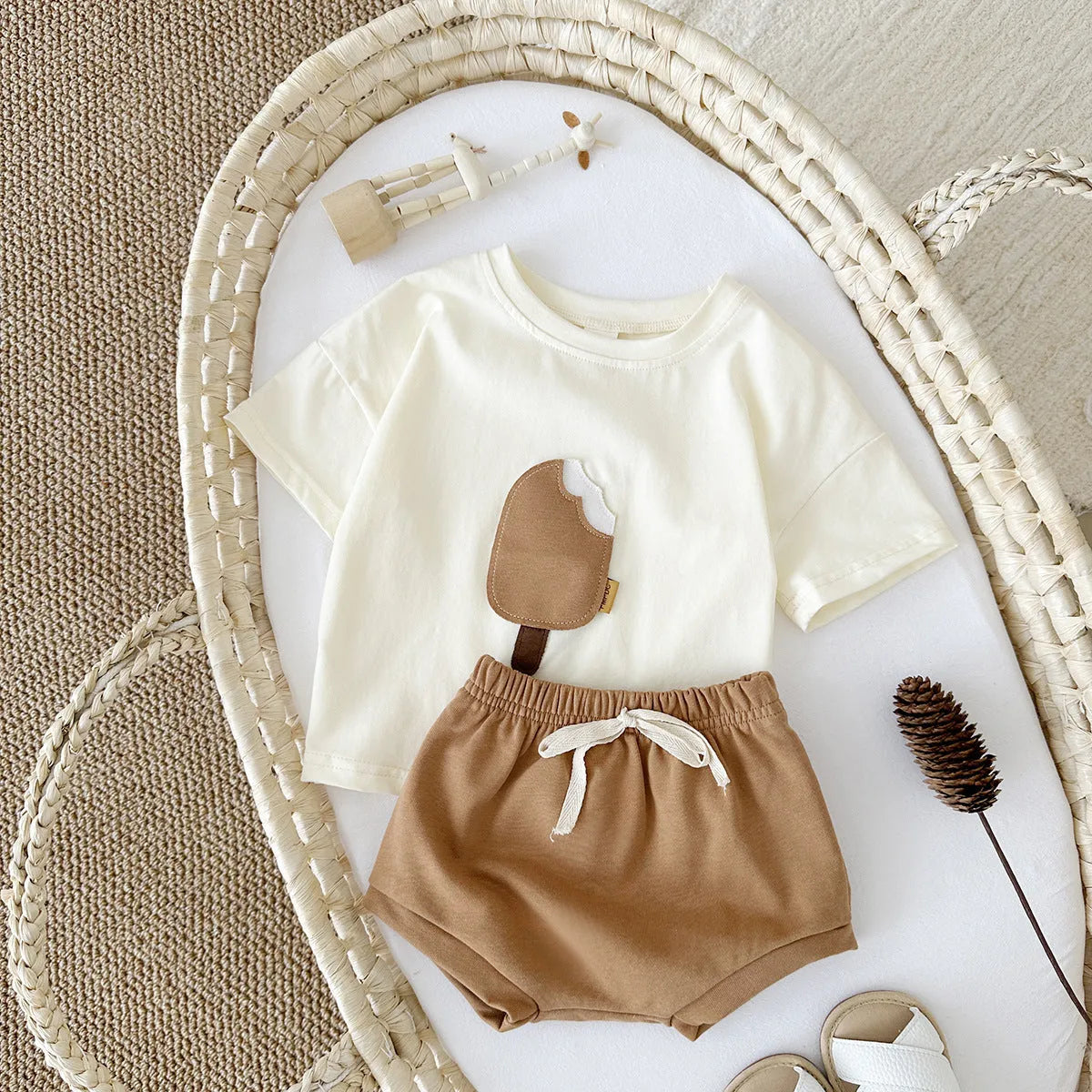 Girls' cotton shorts suit two-piece set with ice cream patch in apricot, olive or white colours