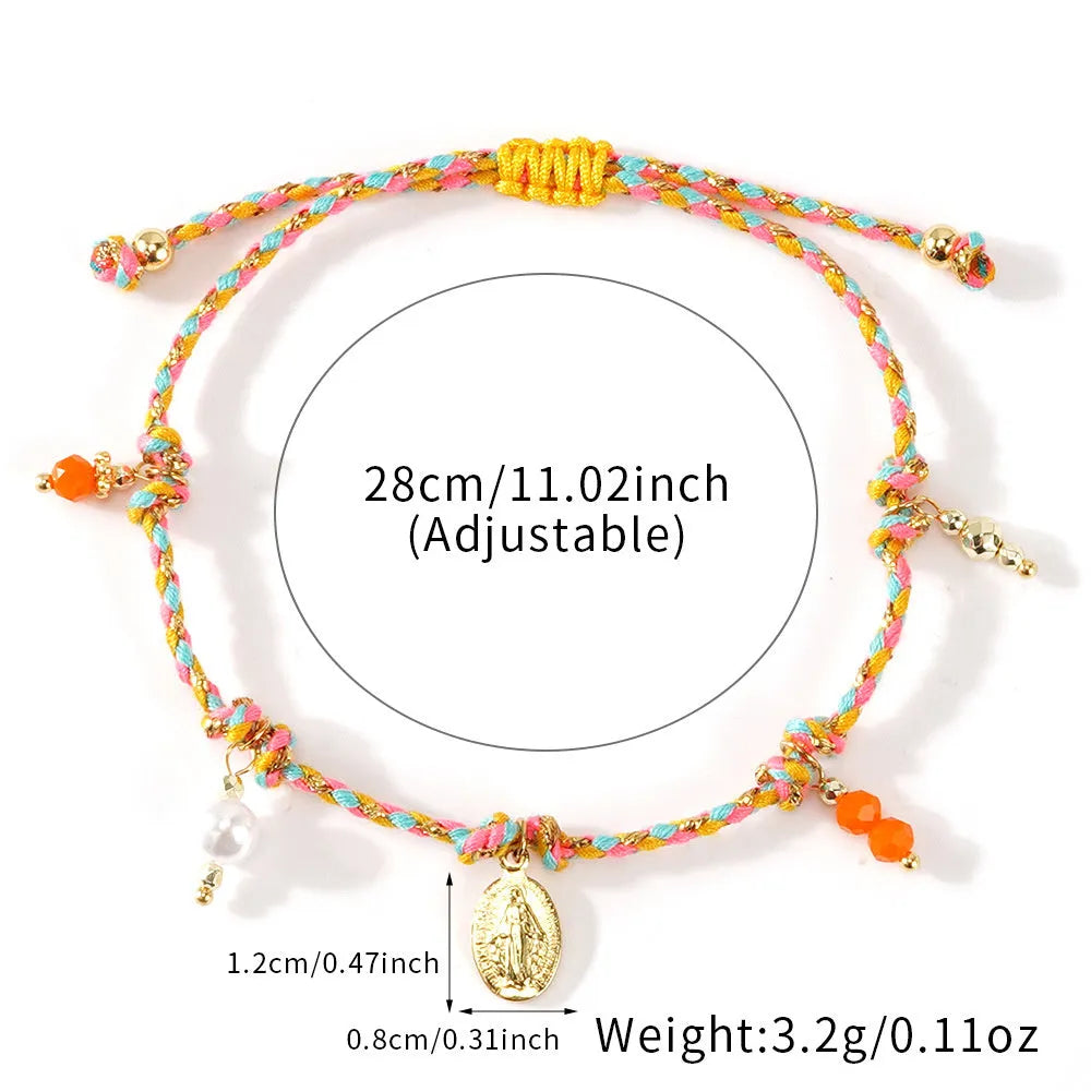 A colourful hand-woven braided rope bracelet in an ethnic strap style for women.