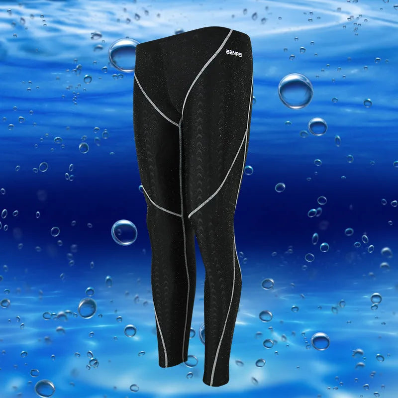Men's nylon cropped swimming trunks in black with coloured side lines.
