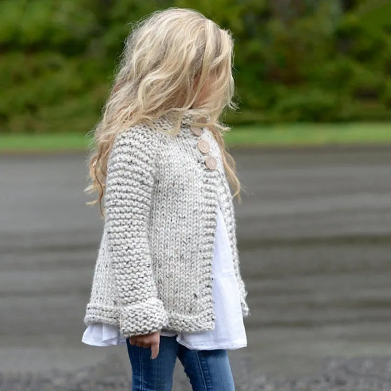 Beige girls' cardigan sweater coat with long sleeves and single-breasted closure