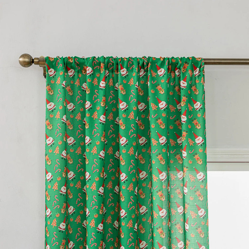Red Christmas curtain with printed cartoon snowman and angel figures