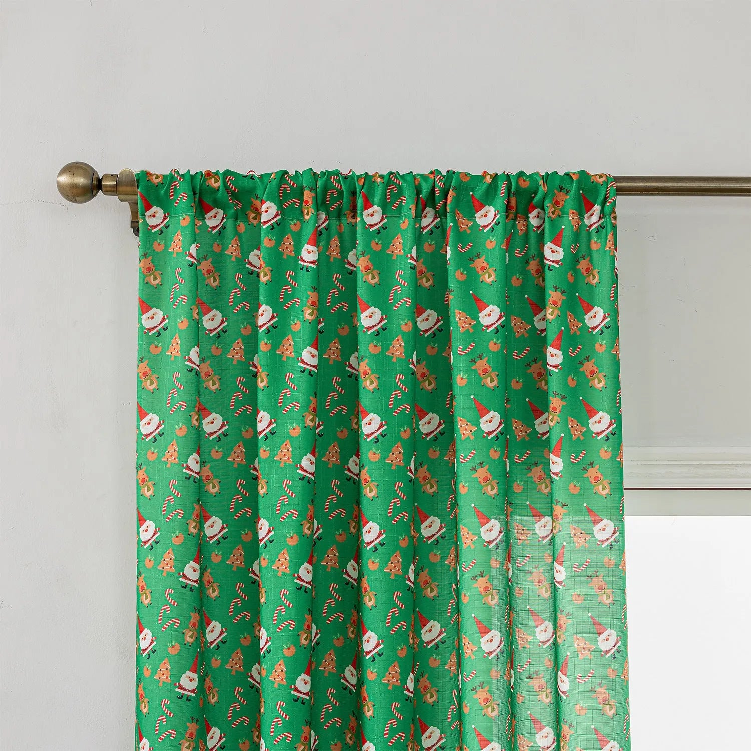Red Christmas curtain with printed cartoon snowman and angel figures
