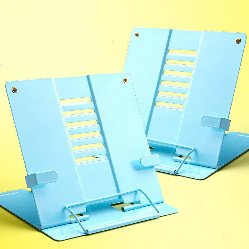 Blue telescopic metal bookshelf for primary school students holding upright books on desk