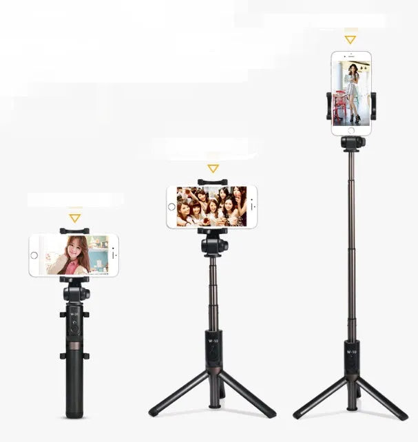 Aluminium alloy Bluetooth selfie stick with tripod and remote control for mobile phones.