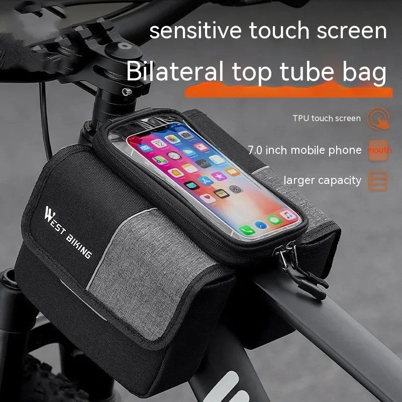 Black and grey Oxford cloth saddle bag with bilateral tube access and touch-screen compatibility