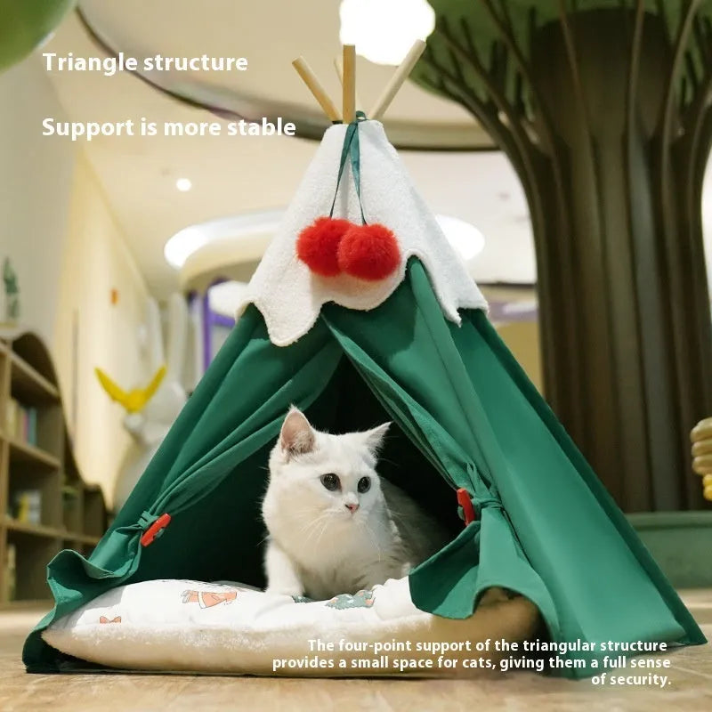 Brown semi-closed cloth cat house with a removable mat, shown next to a white colour option.
