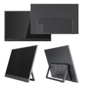 Black 15.6-inch portable LCD monitor on an adjustable stand with HDMI and USB cables.