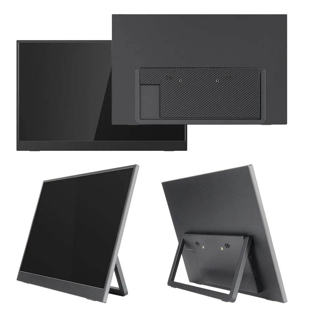 Black 15.6-inch portable LCD monitor on an adjustable stand with HDMI and USB cables.