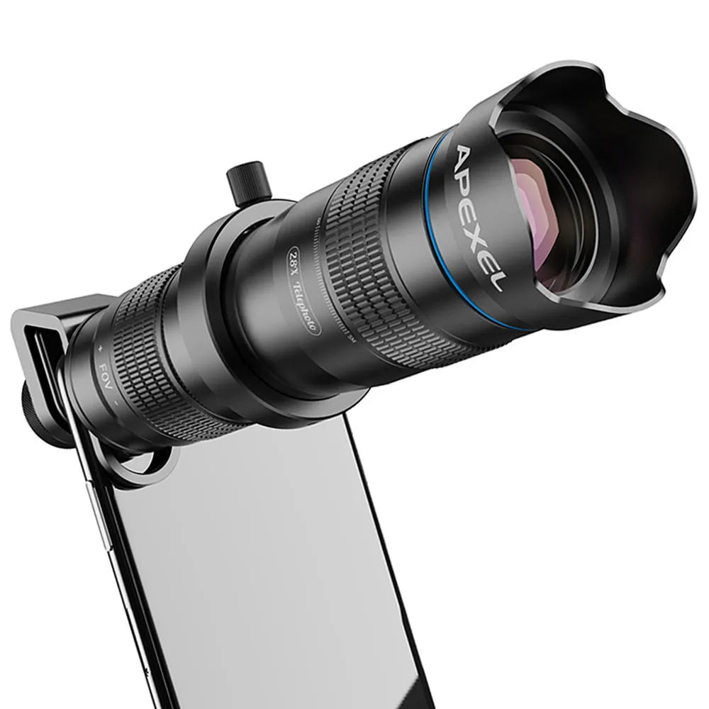 APEXEL 28 times telephoto lens black aluminium alloy with lens cap on table beside smartphone