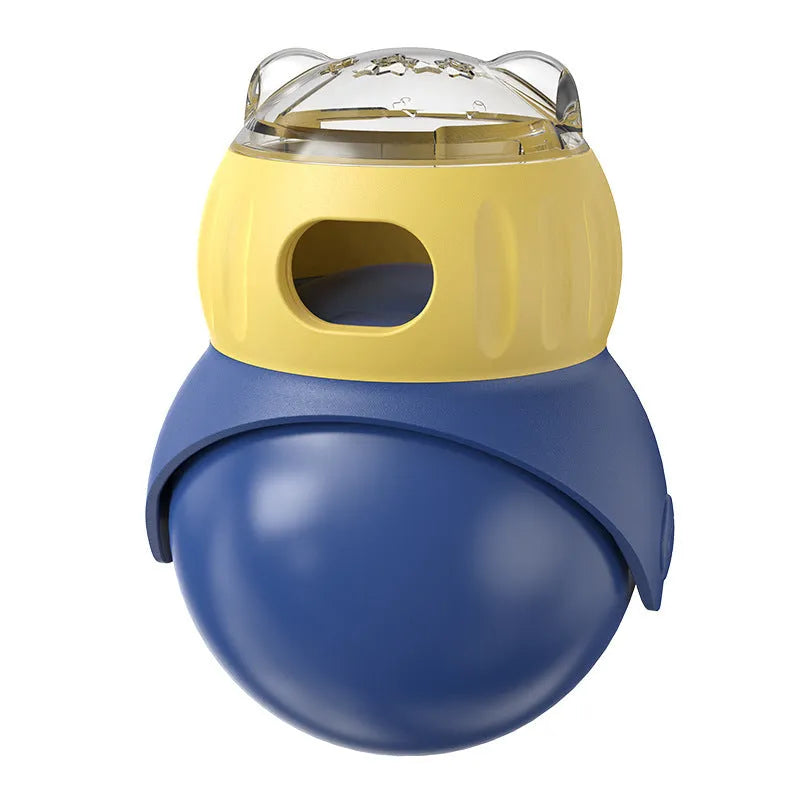 Morandi yellow and blue plastic tumbler owl cat puzzle feeder toy.