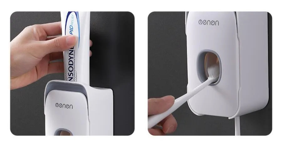 Automatic toothpaste dispenser mounted on bathroom wall in blue colour with touchless sensor