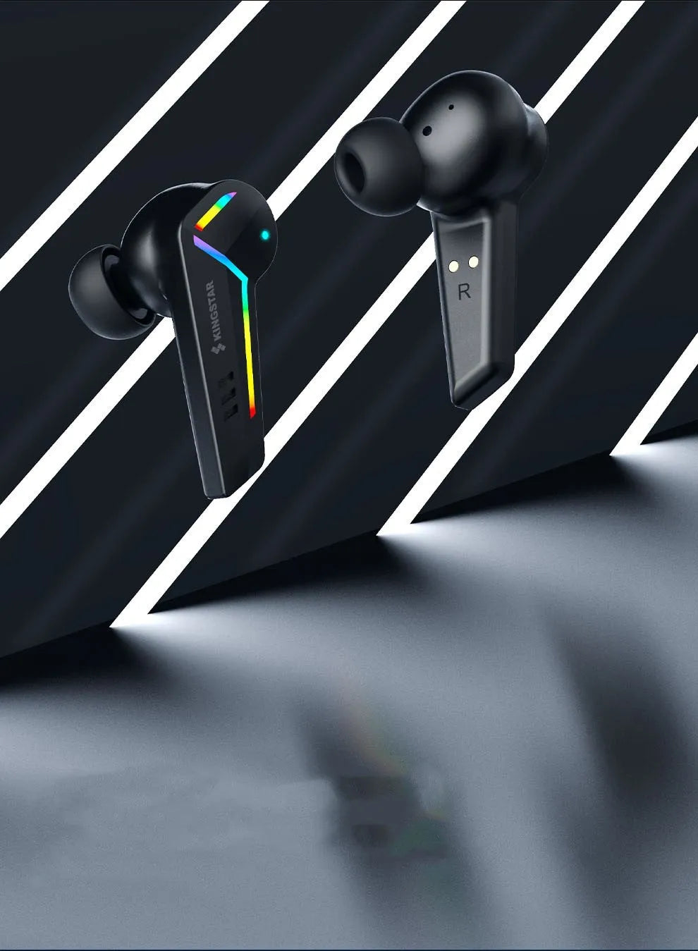 Black TWS Bluetooth in-ear headset with low latency for gaming and sport.