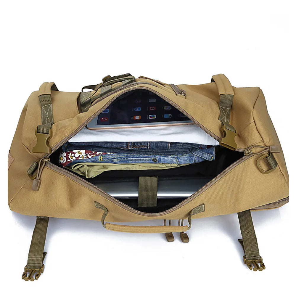 50-litre multi-function travel bag in black showing backpack and shoulder bag carrying options