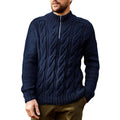 Men's solid colour half high neck long sleeve acrylic sweater in navy blue, front view, ribbed hem
