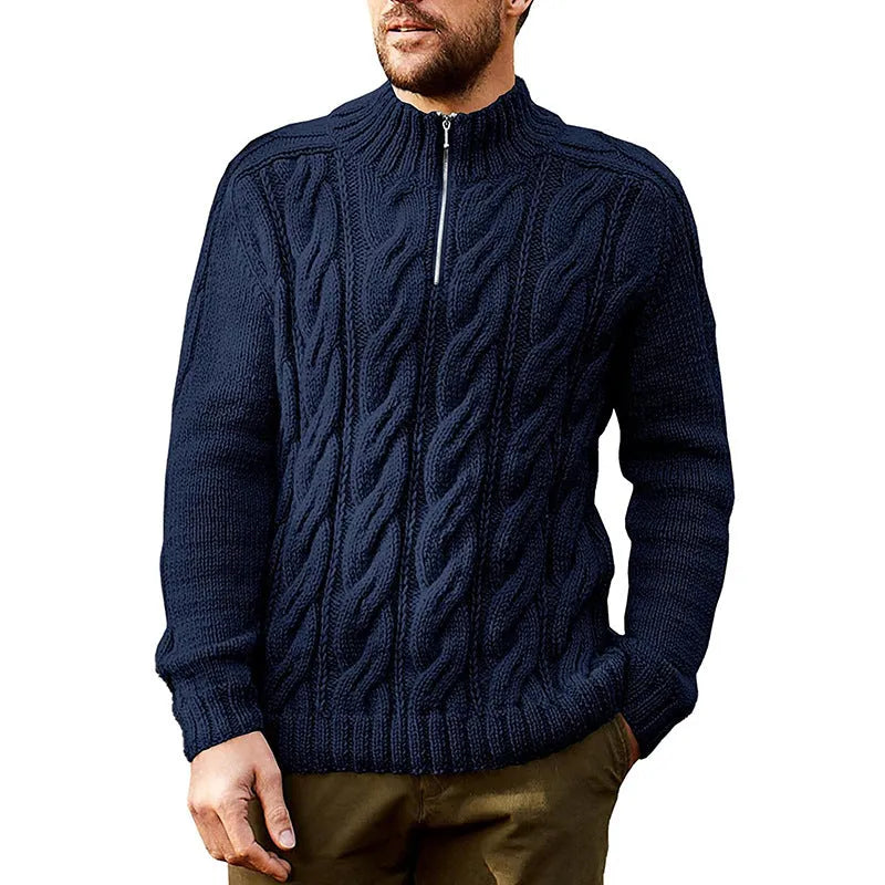 Men's solid colour half high neck long sleeve acrylic sweater in navy blue, front view, ribbed hem