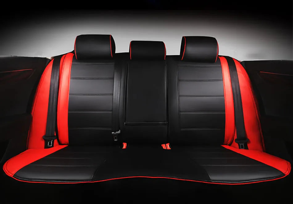 Cow leather car seat cover in beige and black with red accent colour options on a car seat.