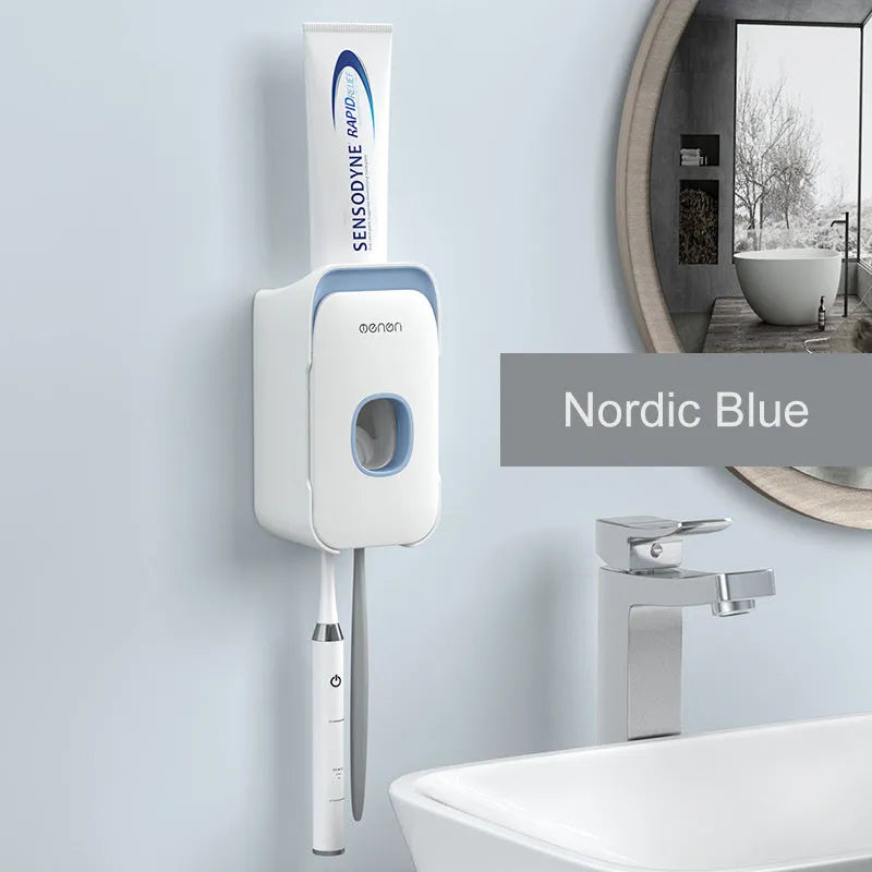 Automatic toothpaste dispenser mounted on bathroom wall in blue colour with touchless sensor