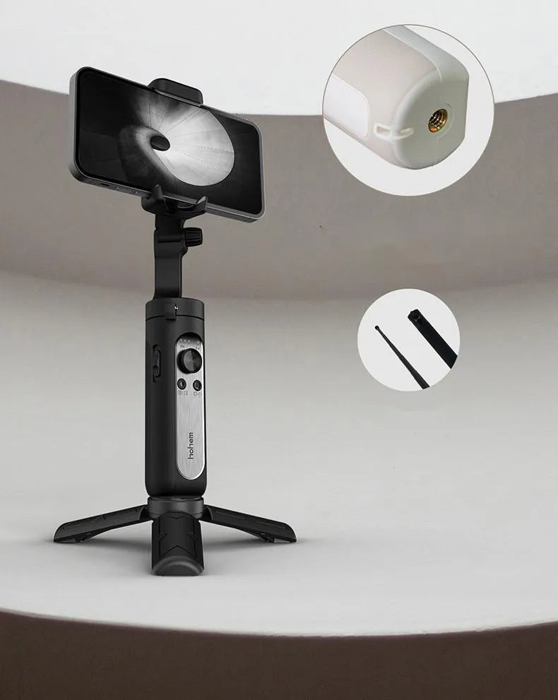 Black or white 3‑axle foldable phone stabiliser showing compact 179mm size and USB port.