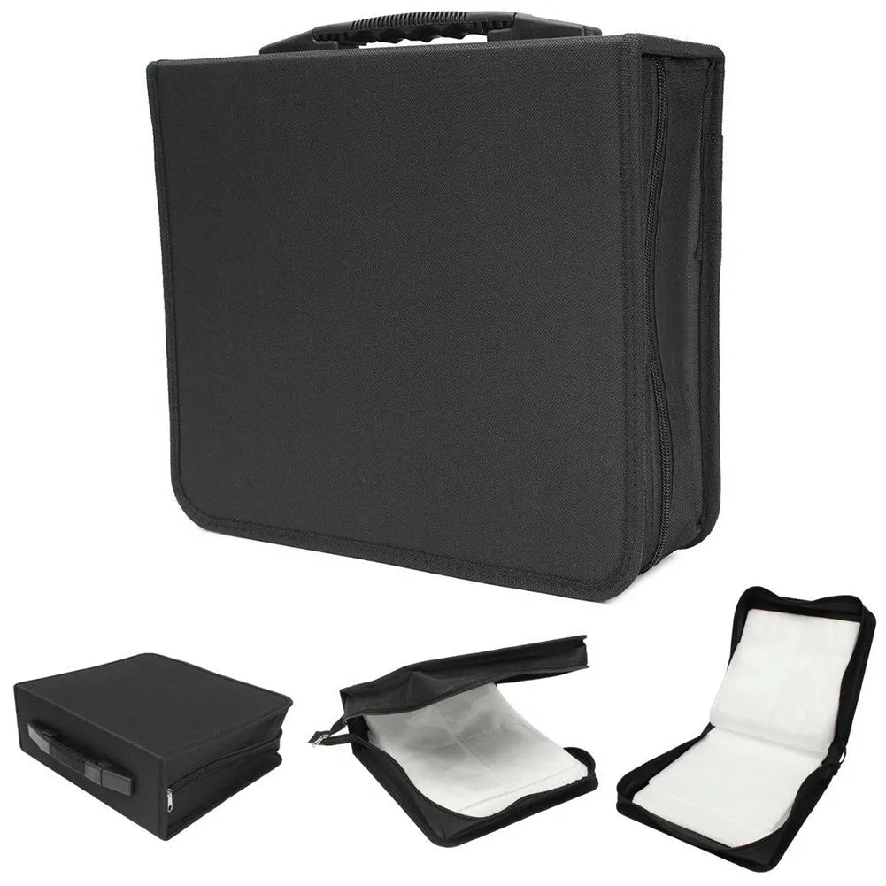Black Oxford fabric CD DVD storage wallet with top hand strap and zip closure.