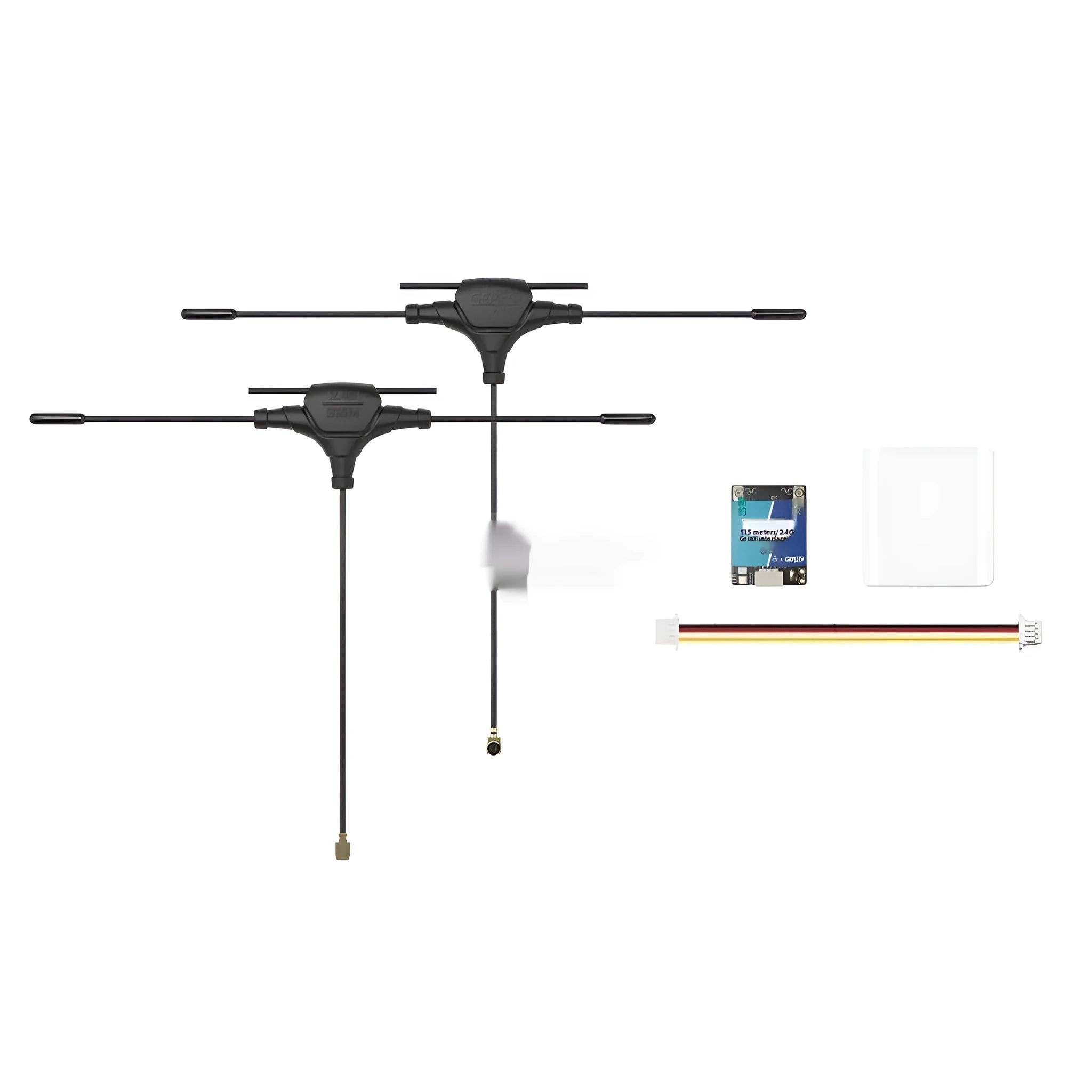 ELRS 915M and 2.4G dual-band FPV radio receiver with two T-shaped antennas and installation accessories