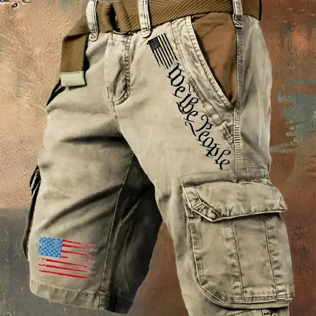 Men's loose-fit fifth pants in thin polyester denim, shown in khaki and blue colours with multiple pockets.