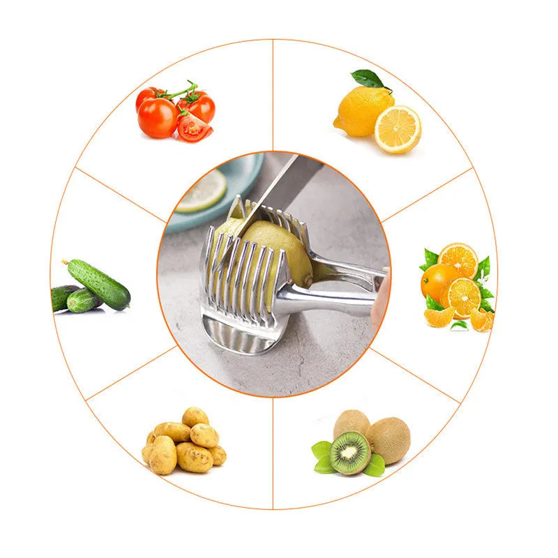 Silver plastic foldable lemon slicer kitchen gadget shown cutting citrus fruit