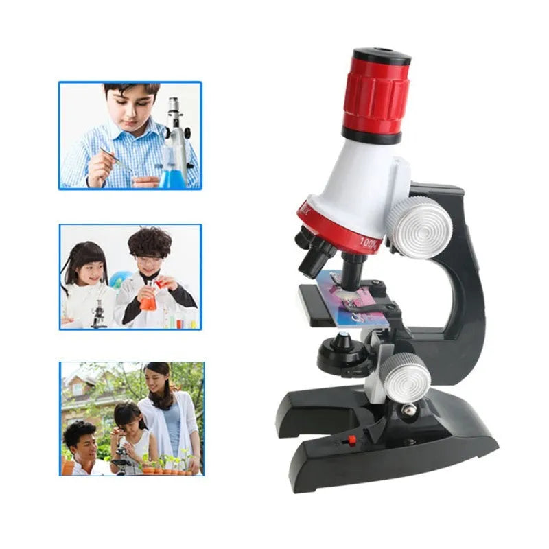 Child biological microscope with LED light, three objective lenses, and coarse focus knob on white background