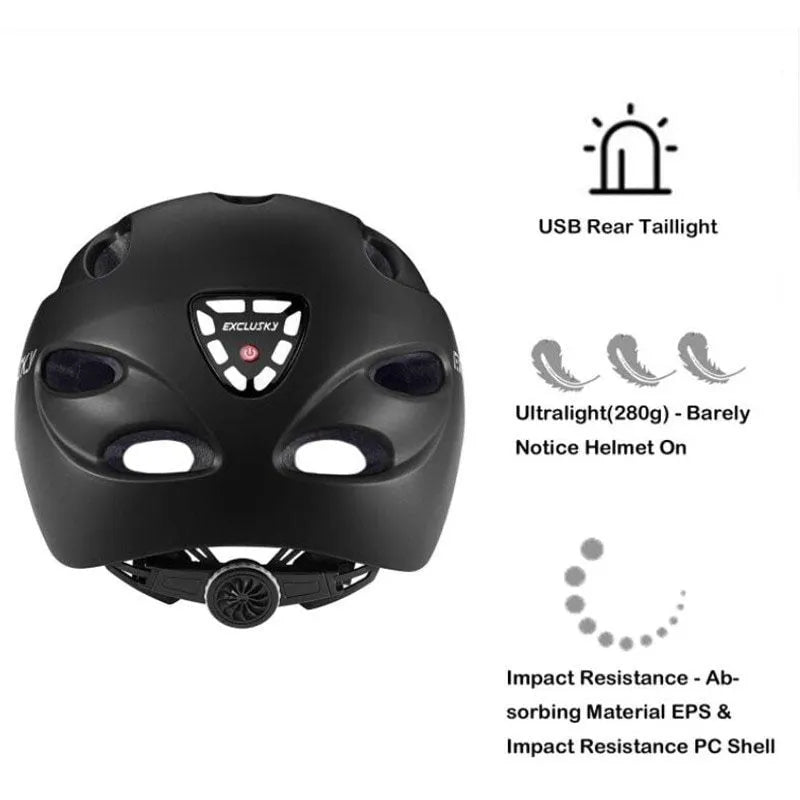 Electric LED cycling helmet with integrated tail light in black, size M 54-58cm