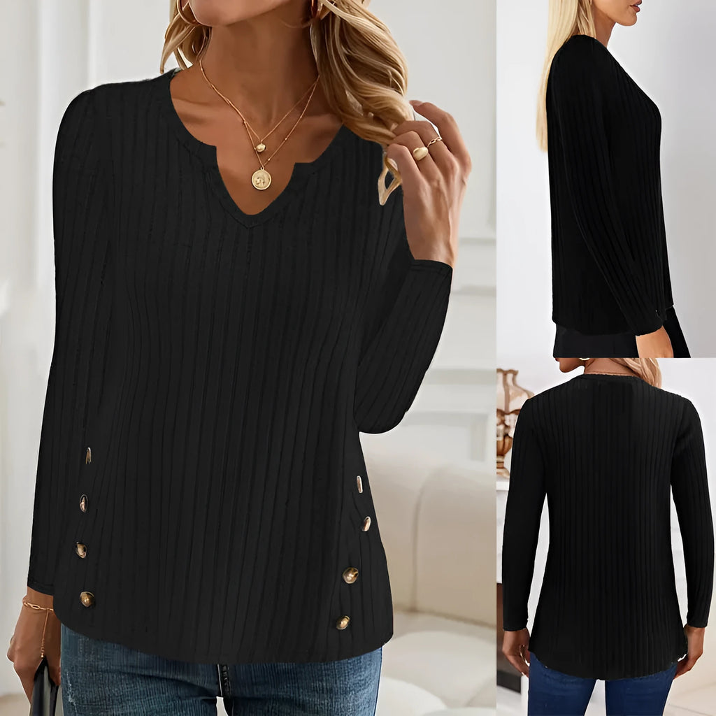 Solid colour knitted button sweater in black or grey green with regular sleeves