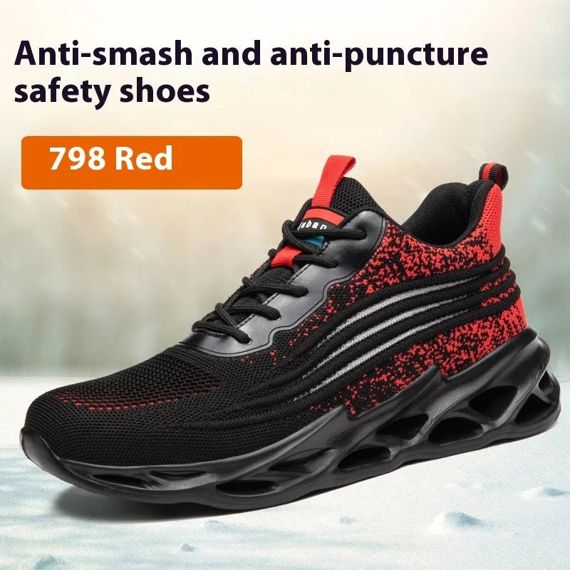 Lightweight brown leather labour protection safety shoes with a rubber sole on a work surface.